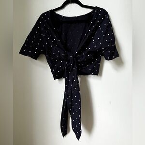 White Fox Navy Star Polka Dot Tie-Front Top